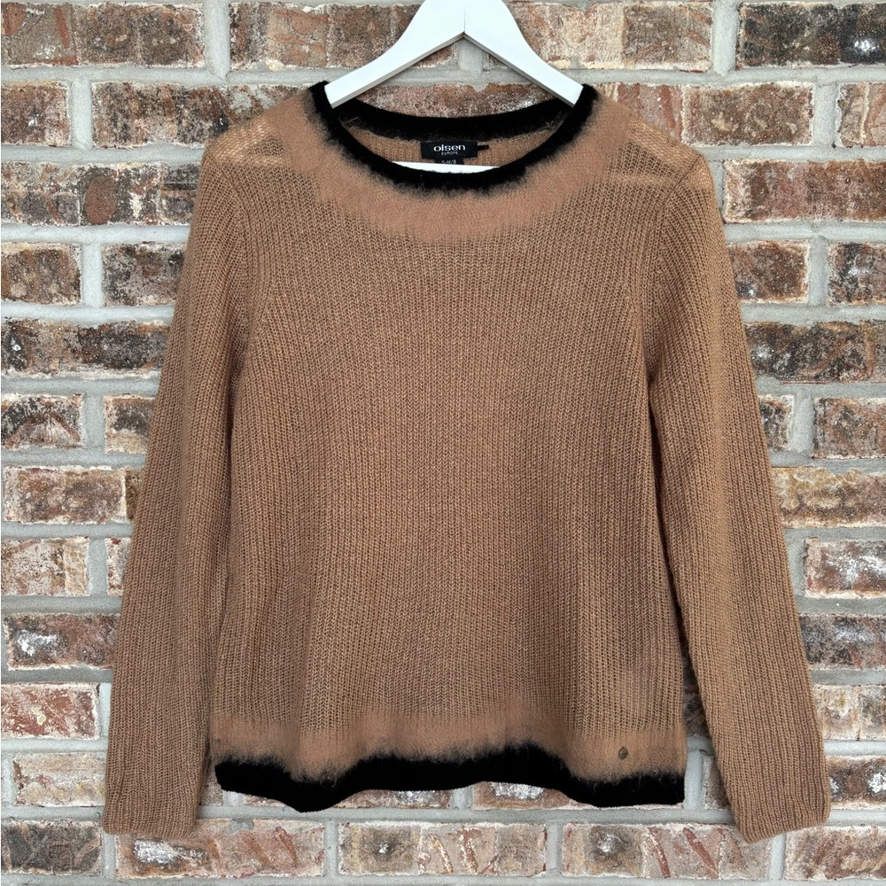 Olsen Europe Mohair Wool Blend Tan Black Crew Neck Sweater Medium